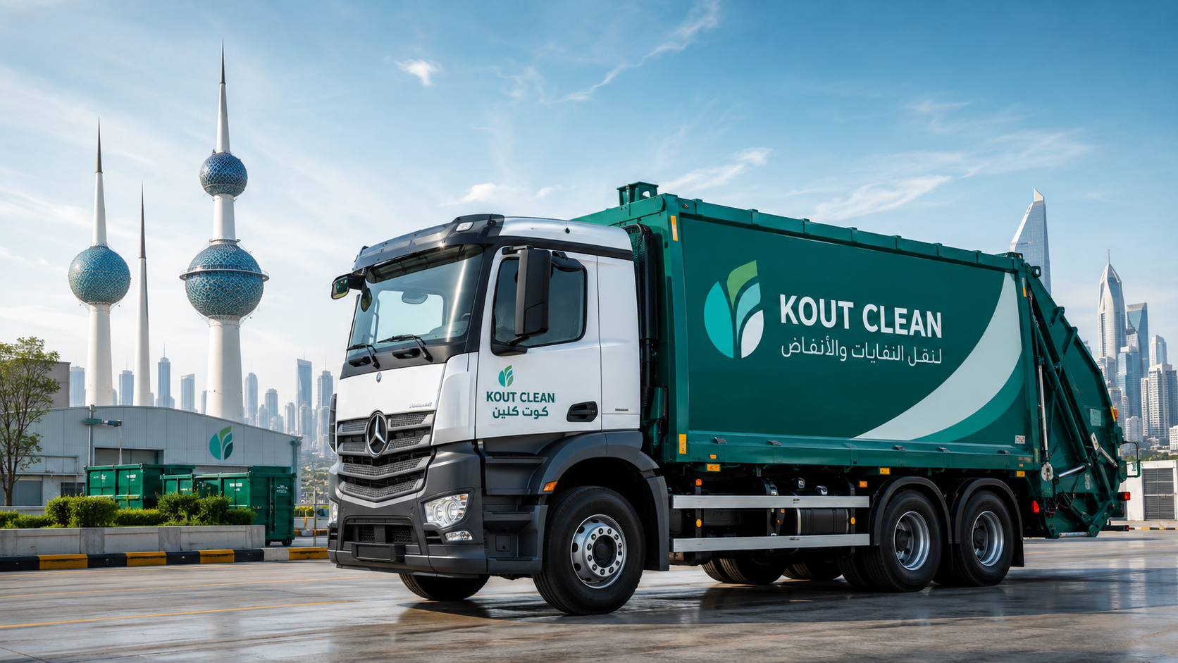 Kout Clean branded waste collection truck on duty in Kuwait, with Kuwait Towers in the background