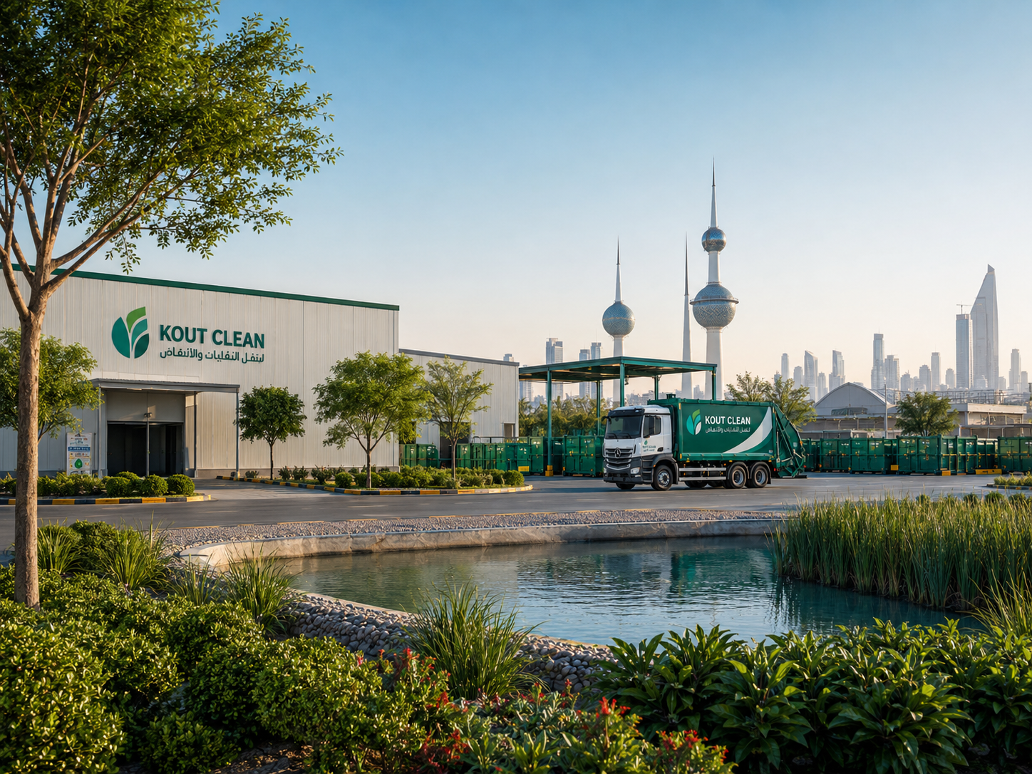 Kout Clean facility with landscaped greenery and a water feature, reflecting environmentally responsible operations in Kuwait