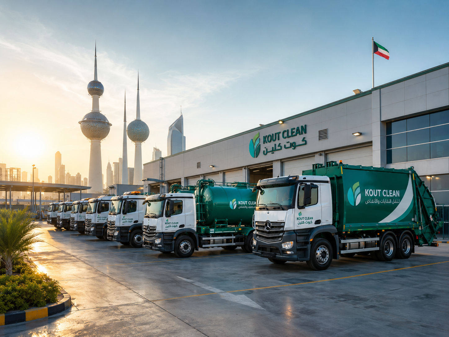 Fleet of Kout Clean specialized waste collection trucks lined up at the operations depot in Kuwait