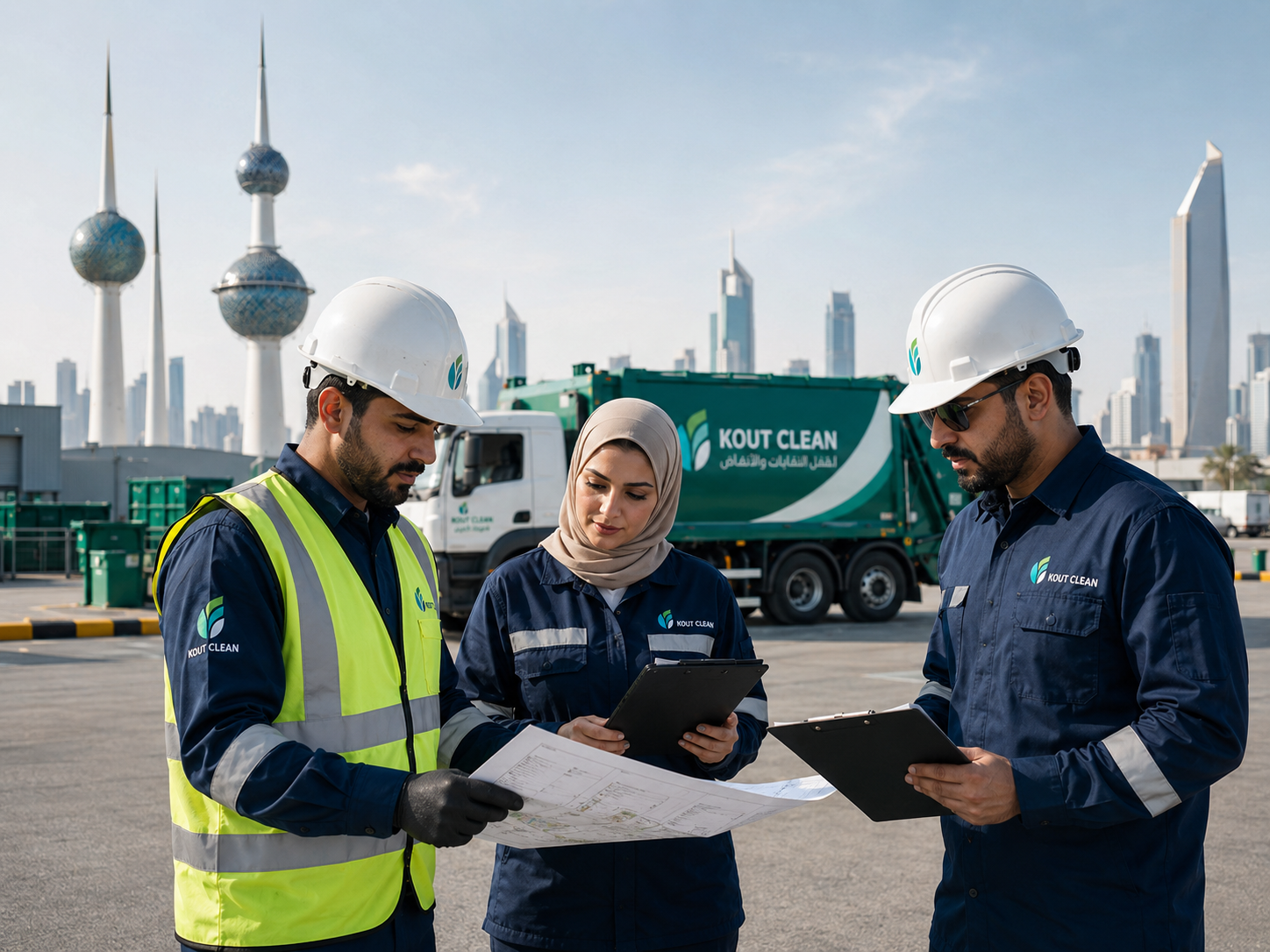 Kout Clean operations team in PPE reviewing a waste collection site plan, Kuwait Towers in the background